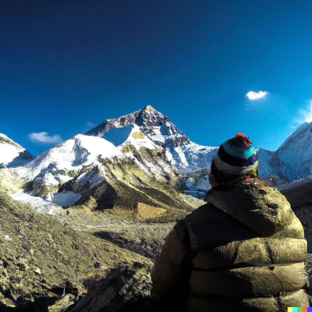 someone gazing at Mount Everest, photograph taken on a GoPro
